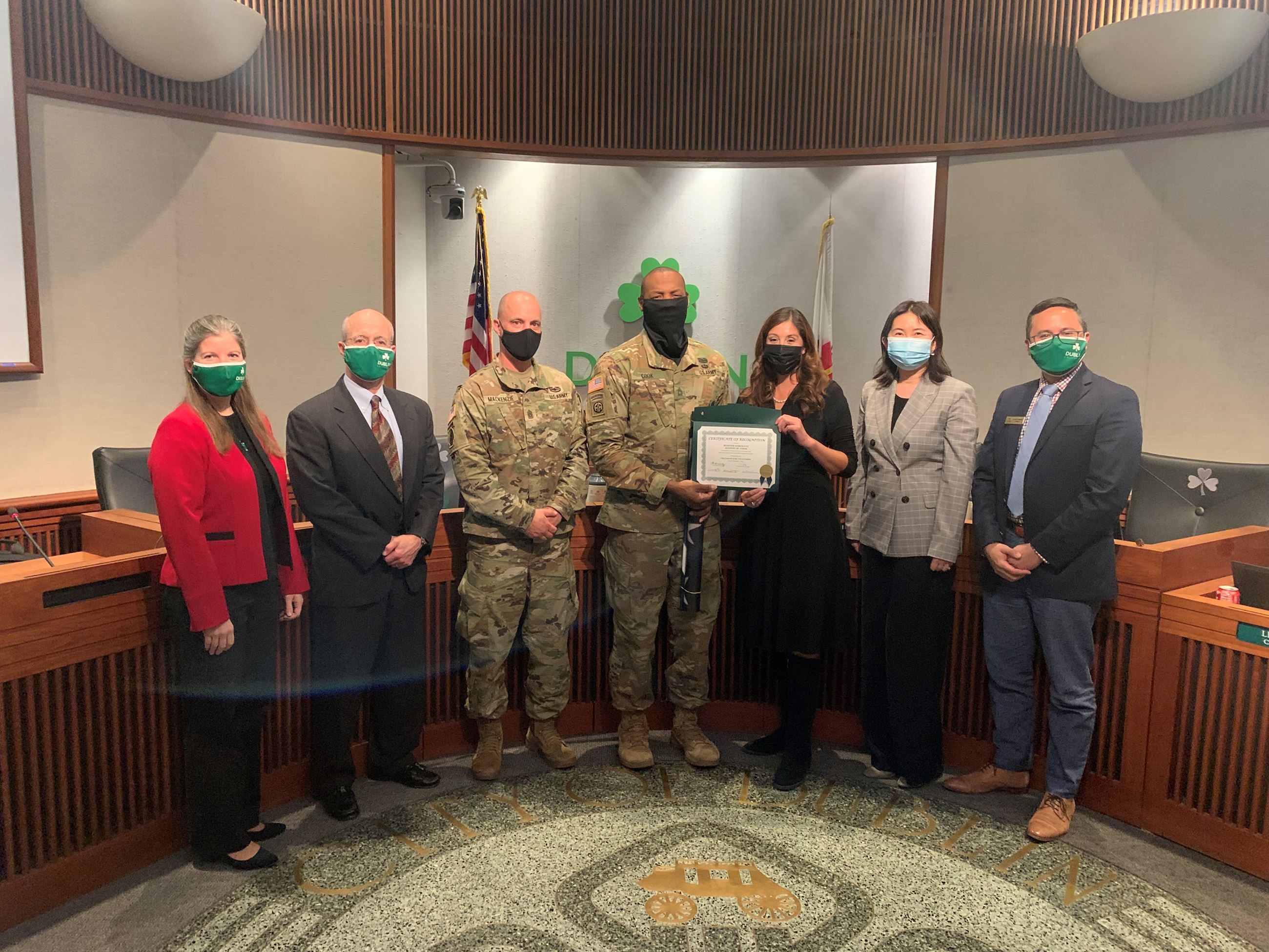 Master Sergeant Alonzo M. Cook, U.S. Army, with Dublin City Councilmembers and Camp Parks Garrison Commander Sgt. Major Samuel Mackenzie