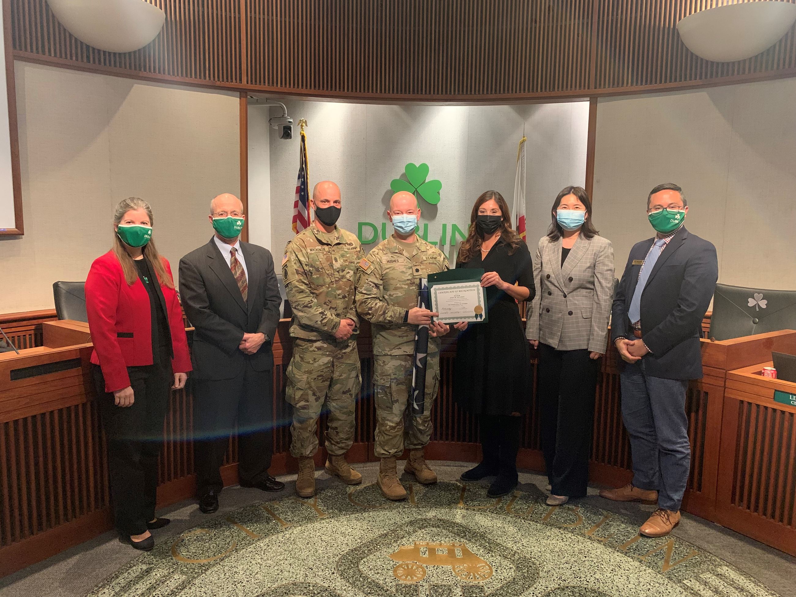 Major John R. Hughes, U.S. Army, with Dublin City Council and Camp Parks Garrison Commander Sgt. Major Samuel Mackenzie