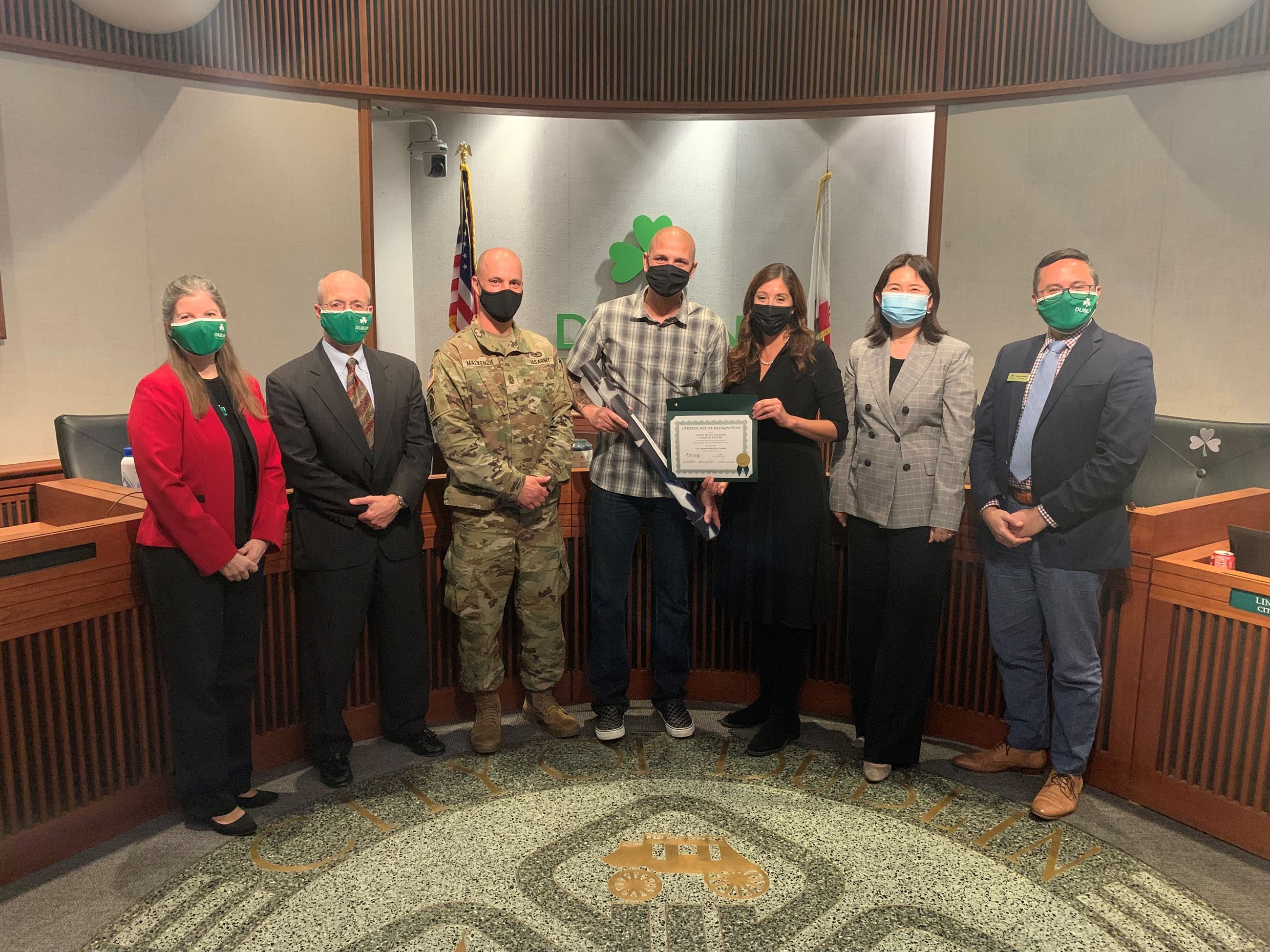 Chief Petty Officer Jason R. Satter, U.S. Coast Guard, with Dublin City Council and Camp Parks Garrison Commander Sgt. Major Samuel Mackenzie