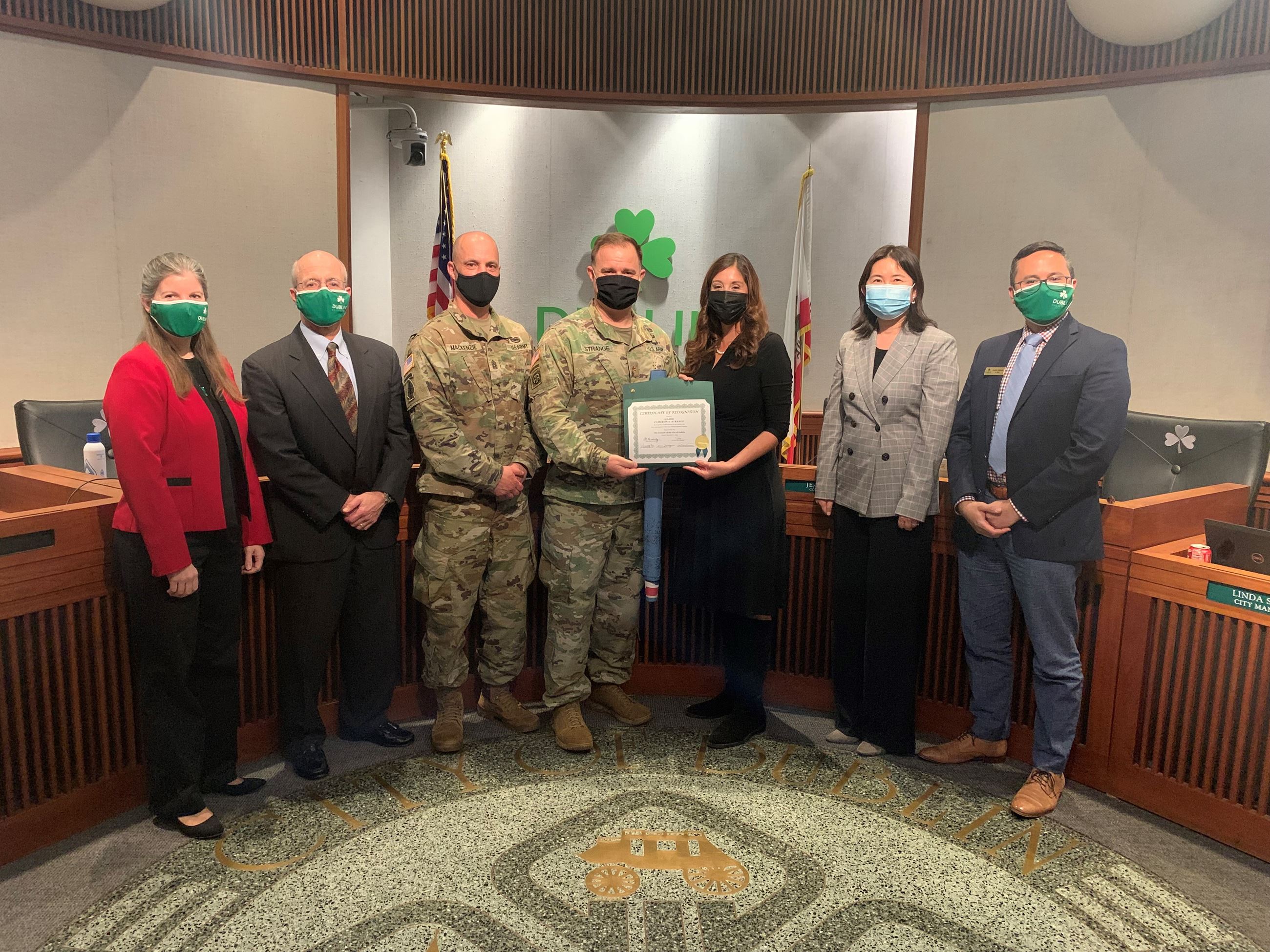 Major Cameron S. Strange, U.S. Army, with Dublin City Council and Camp Parks Garrison Commander Sgt. Major Samuel Mackenzie