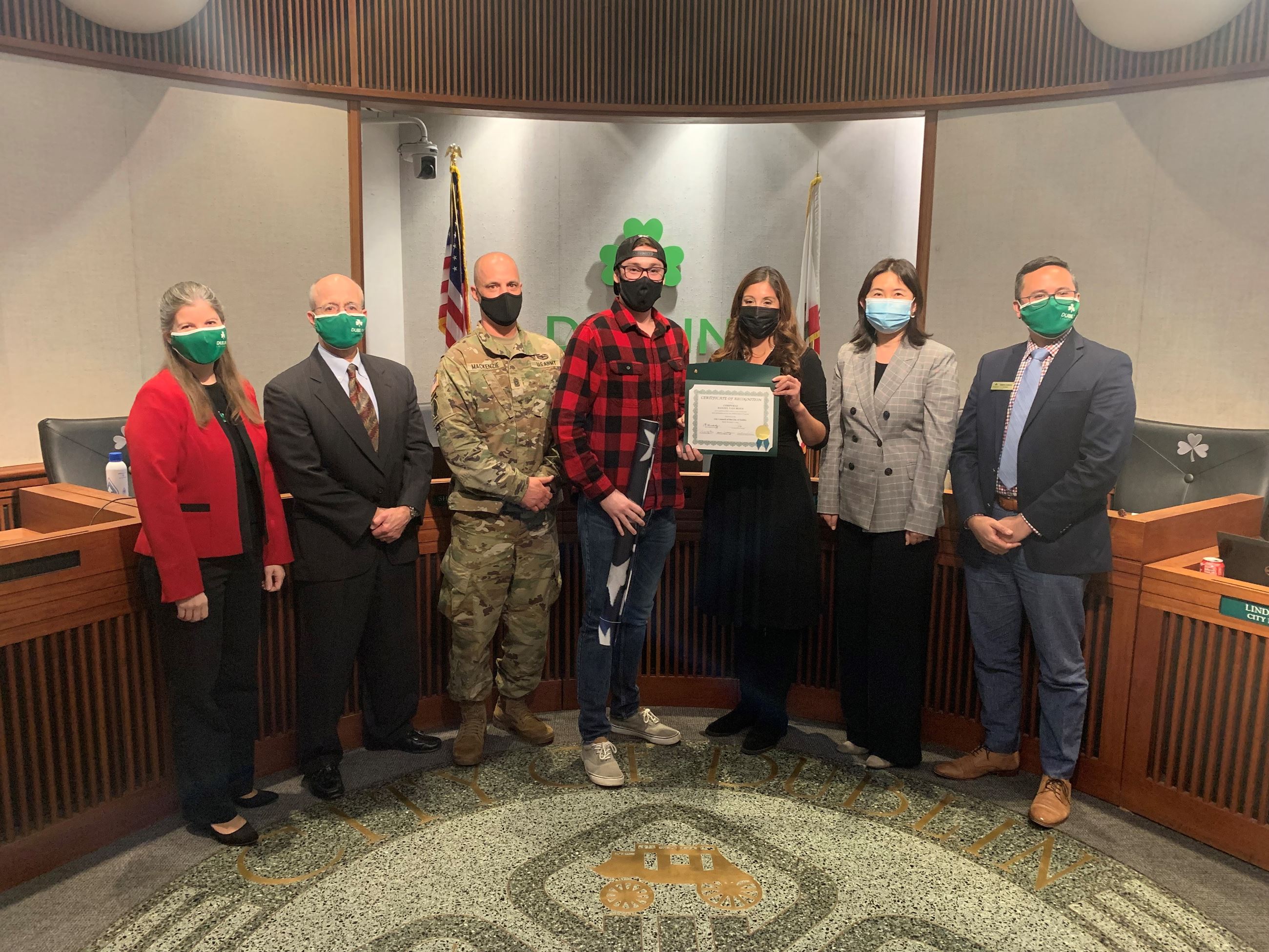 Corporal Daniel Van Bonn, U.S. Marine Corps, with Dublin City Council and Camp Parks Garrison Commander Sgt. Major Samuel Mackenzie