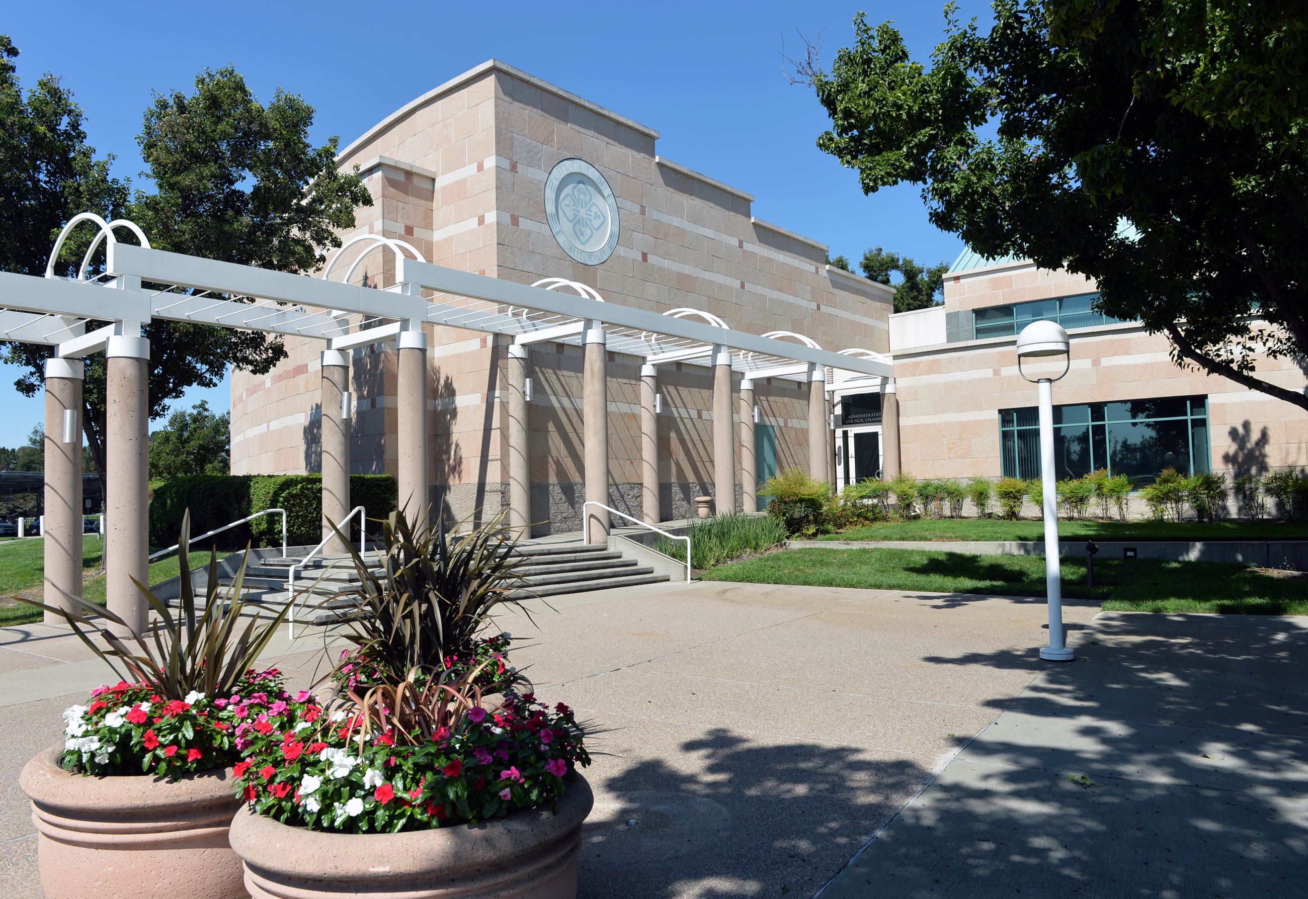 Photo of the waterfall and exterior of the Dublin Civic Center building 