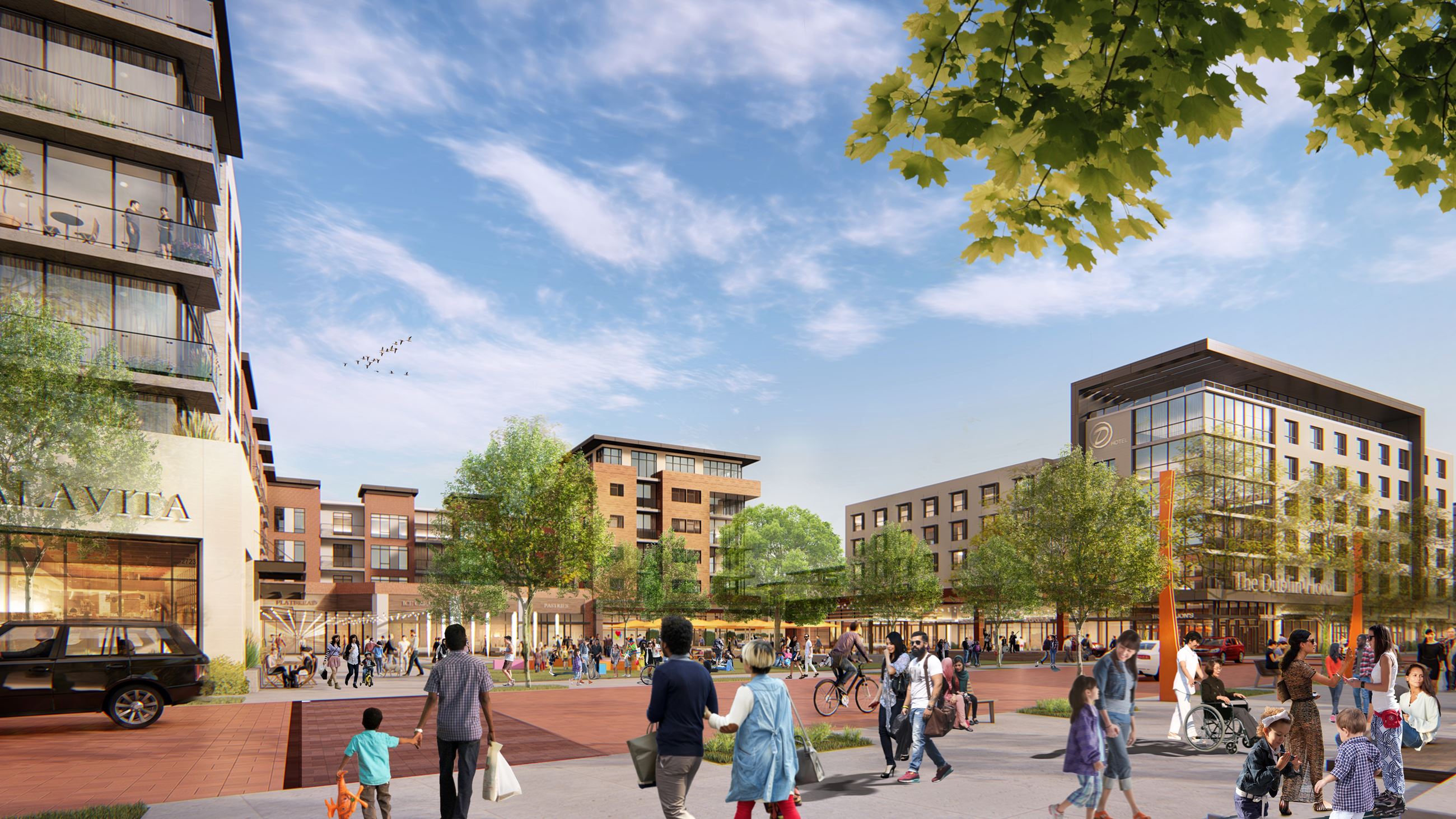 Rendering of Public Plaza looking down extension of Golden Gate Drive