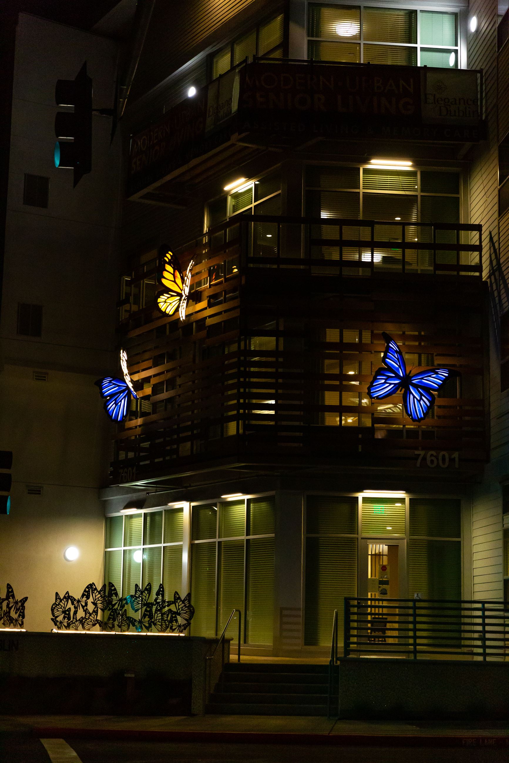 night photo of three large butterflies fixed to an apartment building backlit with lights
