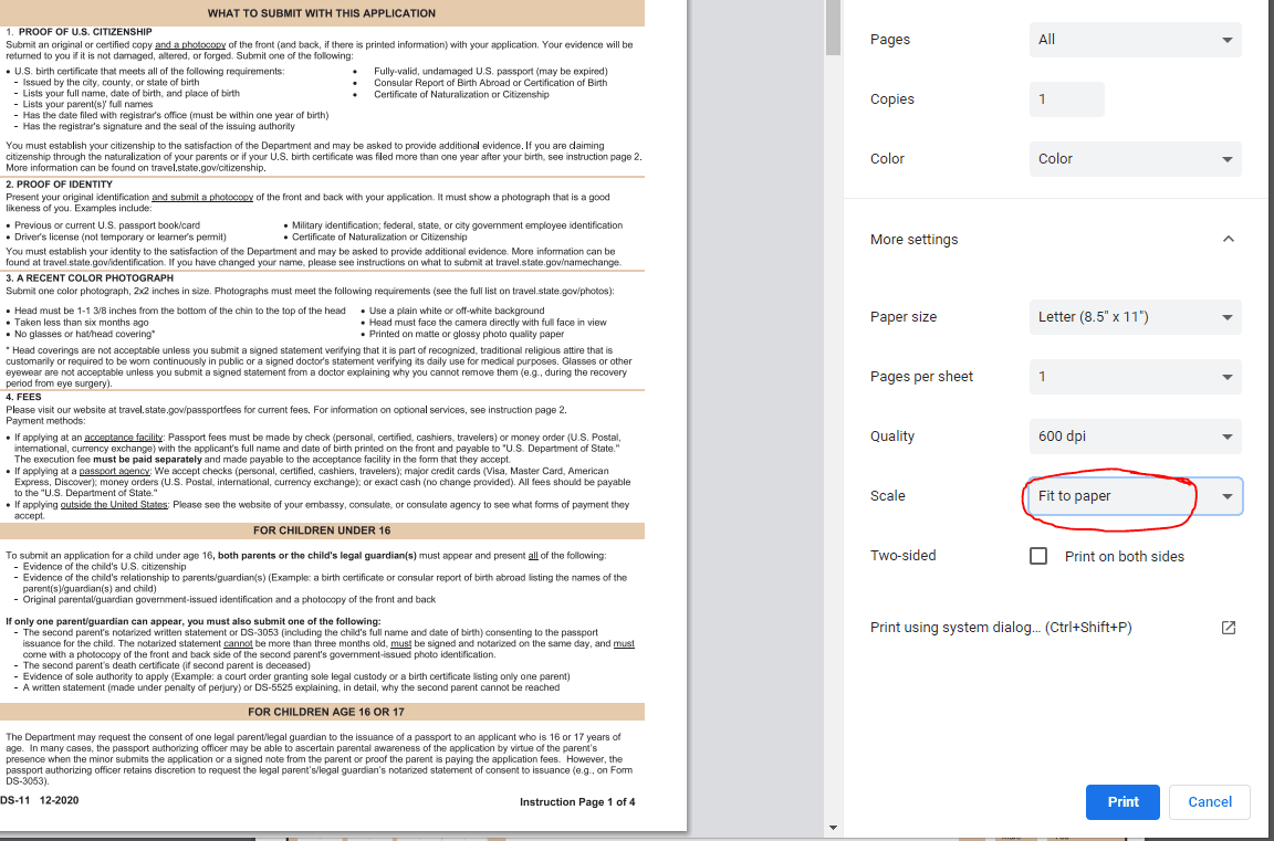 Print Settings for Passport Applications